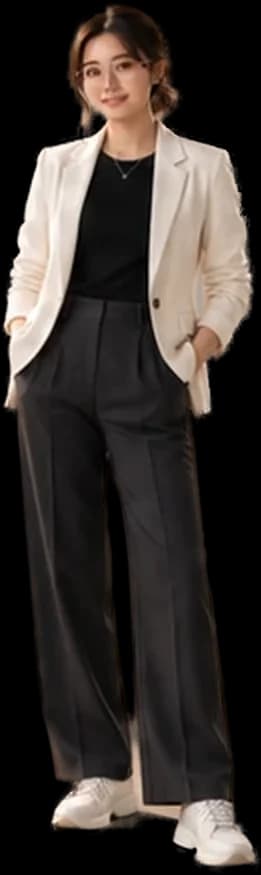 Finny berdiri di samping antrean review, terlihat seluruh badan, memakai blazer krem dan celana gelap
