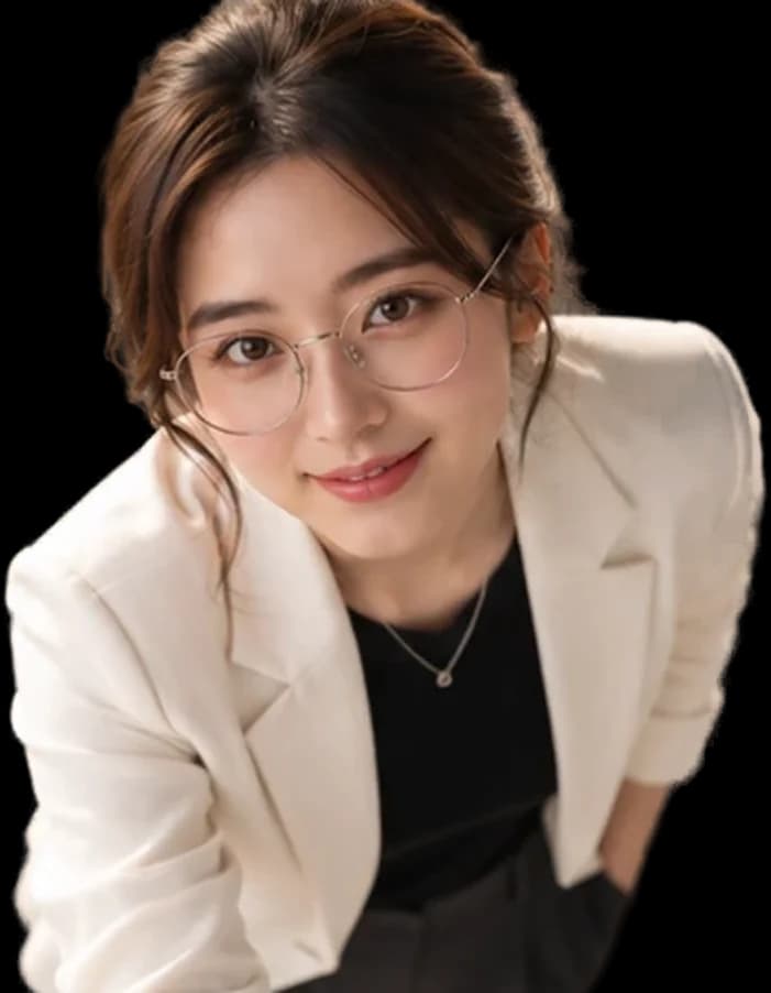 Finny from Finday, in round glasses and a cream blazer, leaning toward the two software choices with a smile