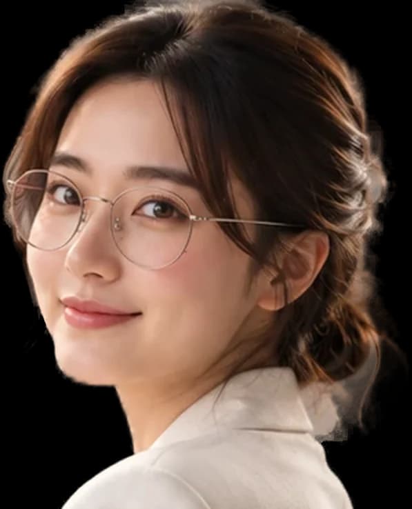 Finny in round glasses and a cream blazer, looking back over her shoulder