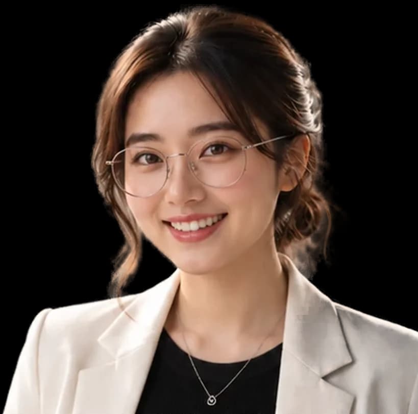 Finny from Finday, in round glasses and a cream blazer, smiling broadly at the camera