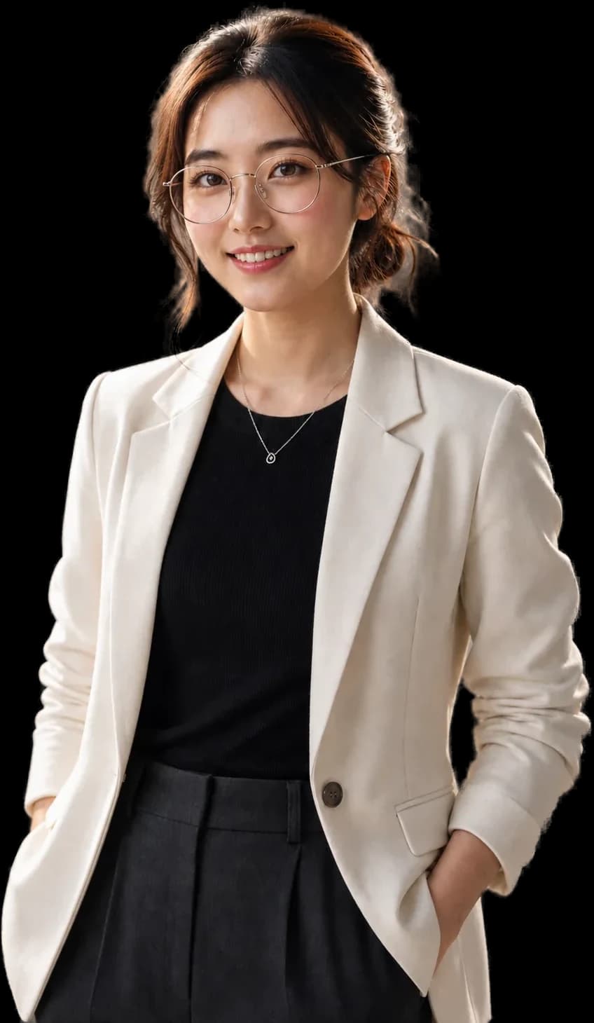 Finny from Finday, in round glasses and a cream blazer, standing beside a phone that shows the Finday app