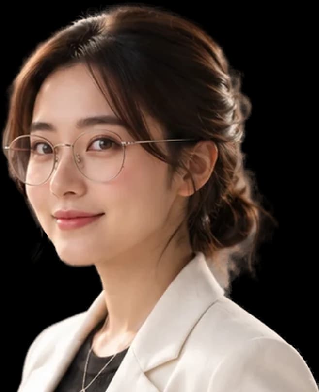 Finny in round glasses and a cream blazer, turning toward the camera